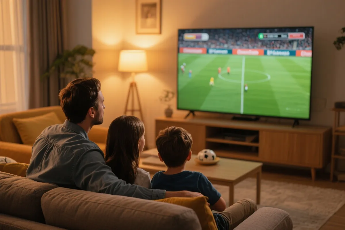 在智能电视上观看足球比赛的场景示意图